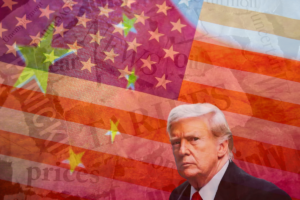 donald trump with chinese and american flag in background with newsletter cutouts about tariffs