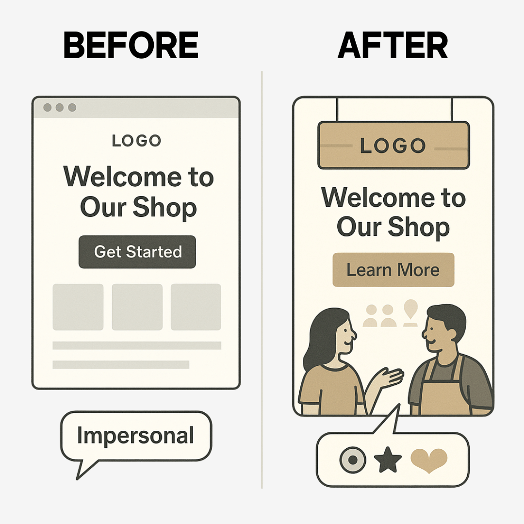 Comparison of shop homepage design. Left ‘Before’: plain web page mockup with gray ‘Get Started’ button, minimal layout, and caption ‘Impersonal.’ Right ‘After’: warmer design featuring a ‘Learn More’ button, illustrations of people talking, and icons that suggest connection and personality, creating a more welcoming and human-centered experience.