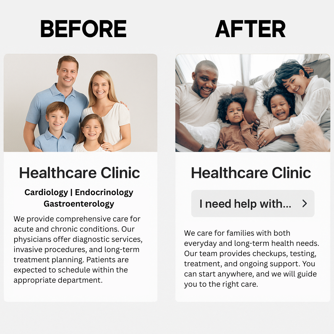 Side-by-side comparison of healthcare website design. Left ‘Before’: stock photo of a white family with text listing medical specialties in formal language, emphasizing procedures and scheduling. Right ‘After’: photo of a diverse family smiling together with text focused on family care, support, and accessibility. The update shifts from technical, department-driven messaging to inclusive, patient-centered communication.