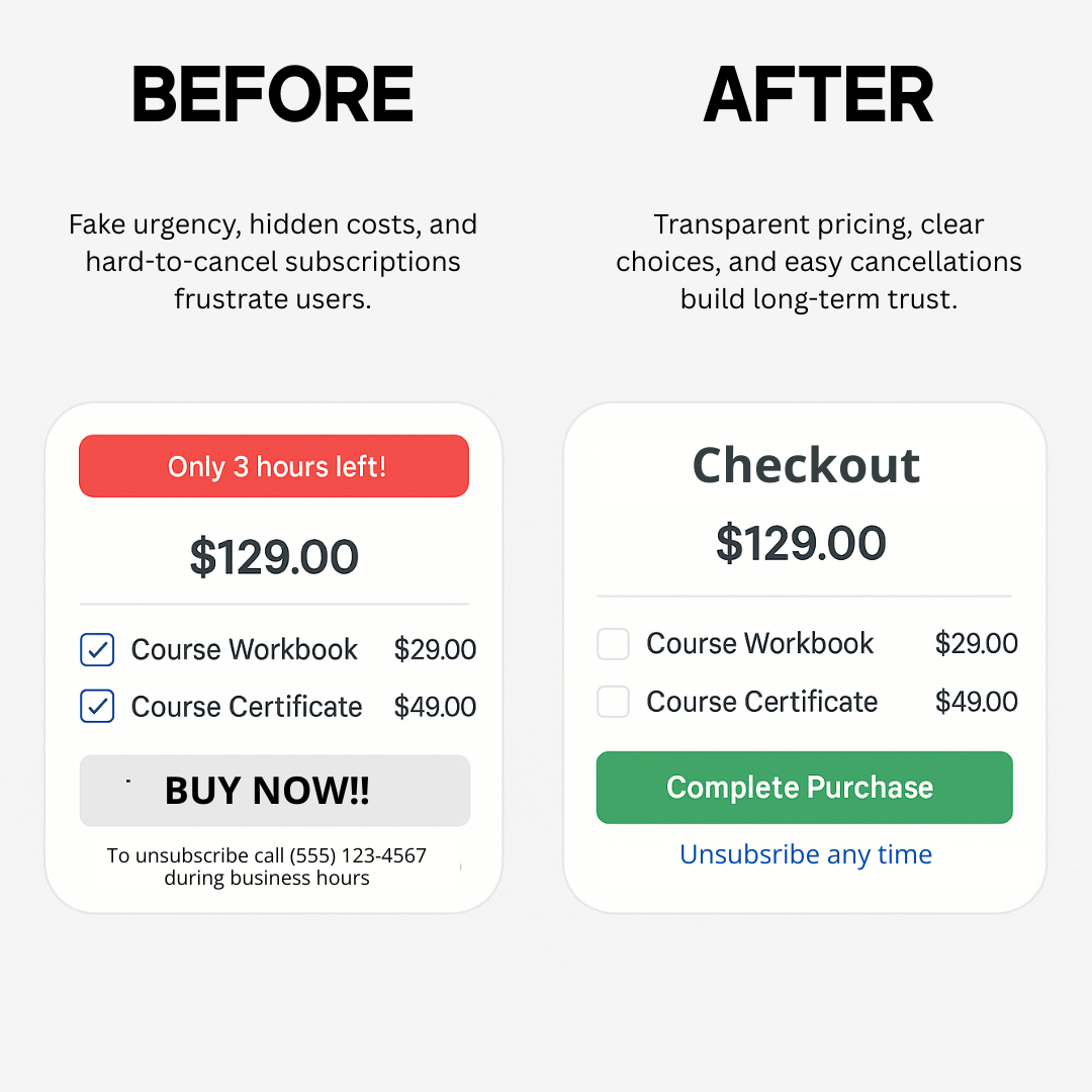Comparison of deceptive vs transparent checkout design. Left side ‘Before’: fake urgency banner, hidden pre-selected add-ons, unclear unsubscribe instructions, aggressive 'Buy Now' button. Right side ‘After’: clear checkout with transparent pricing, optional add-ons, simple 'Complete Purchase' button, and easy unsubscribe link. Message: deceptive design frustrates users, while transparent design builds trust.