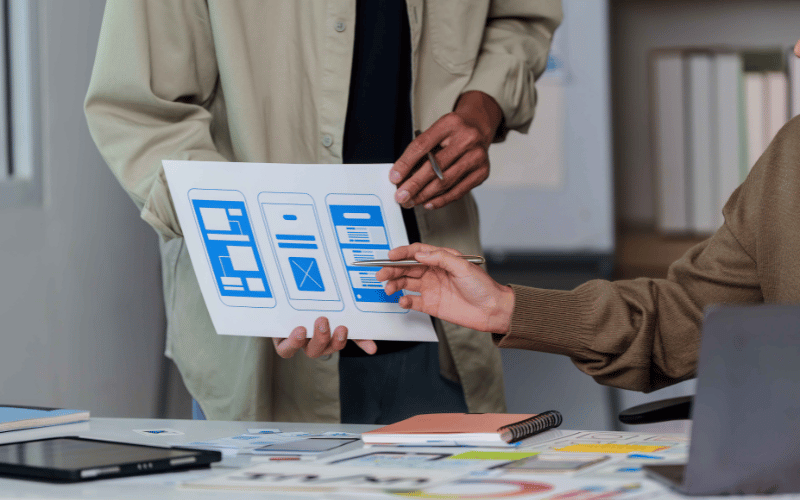 Two people reviewing a printed wireframe of a website interface during a design planning session.
