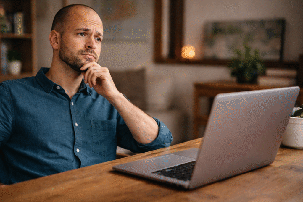 Man looking thoughtfully at a laptop screen while reviewing a website