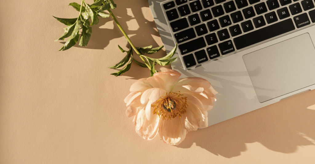 A soft pink flower resting beside a laptop on a neutral surface, symbolizing the contrast between human care and digital systems.