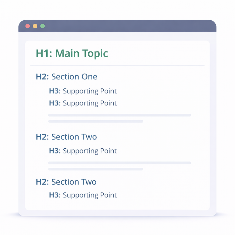 Illustration of a webpage showing proper heading hierarchy with H1 as the main topic, H2 sections, and indented H3 supporting points