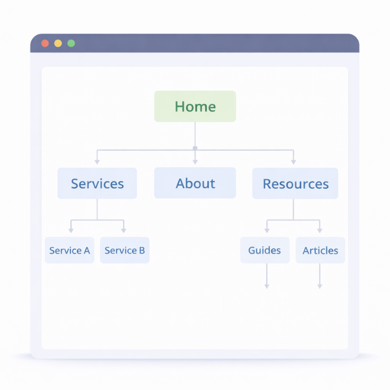 Diagram of a website structure showing a homepage linked to Services, About, and Resources pages, with subpages like services and guides