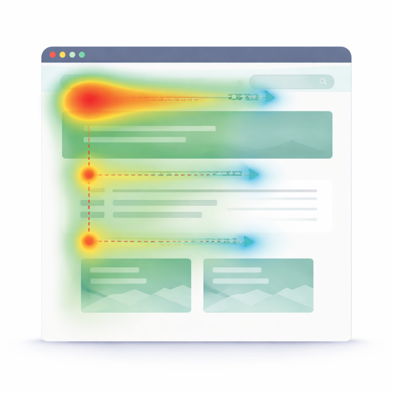 Heatmap visualization showing how users scan a webpage in an F-shaped pattern, with high attention on headings and key content areas