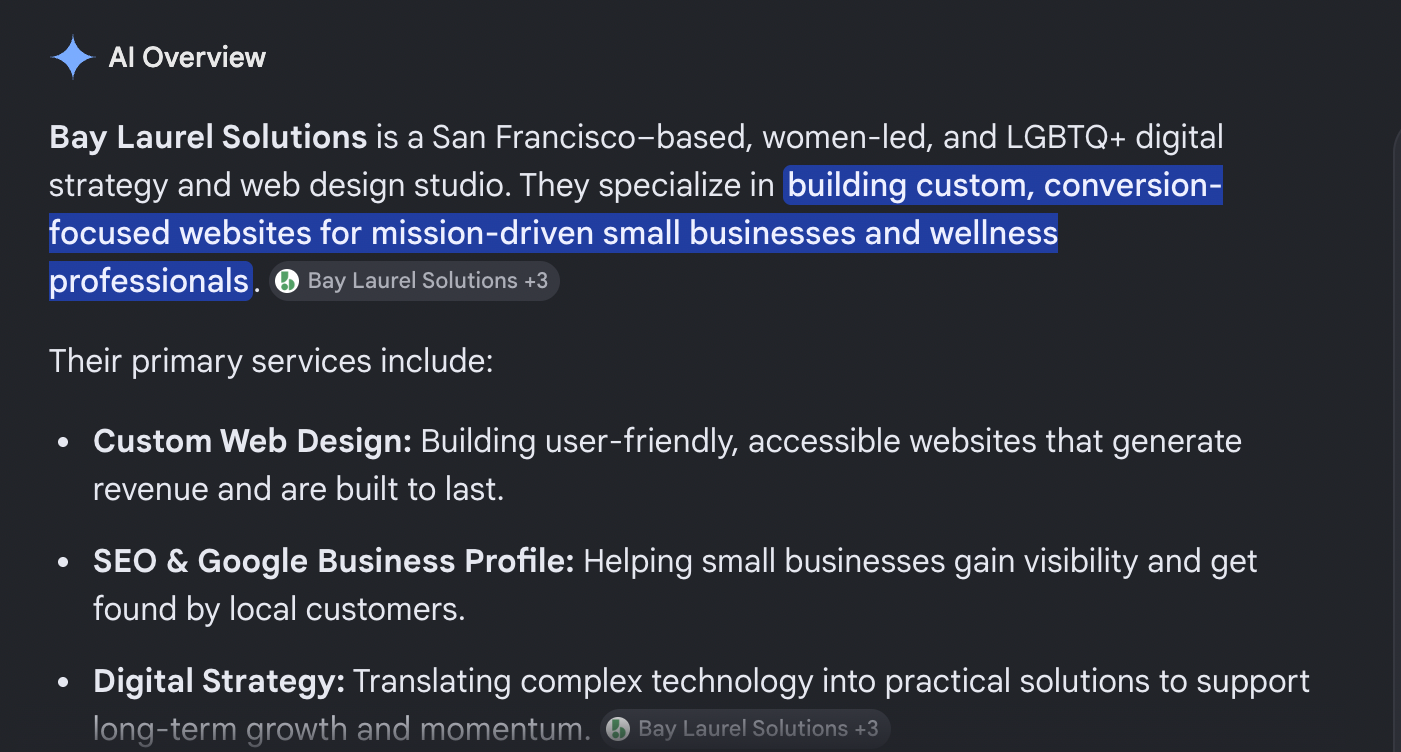 Google AI Overview displaying Bay Laurel Solutions as a San Francisco web design agency specializing in conversion-focused websites, SEO, and digital strategy for small businesses.