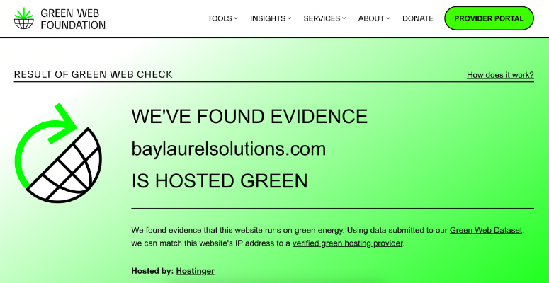 Green Web Foundation verification showing Bay Laurel Solutions uses Hostinger for verified green web hosting powered by renewable energy.