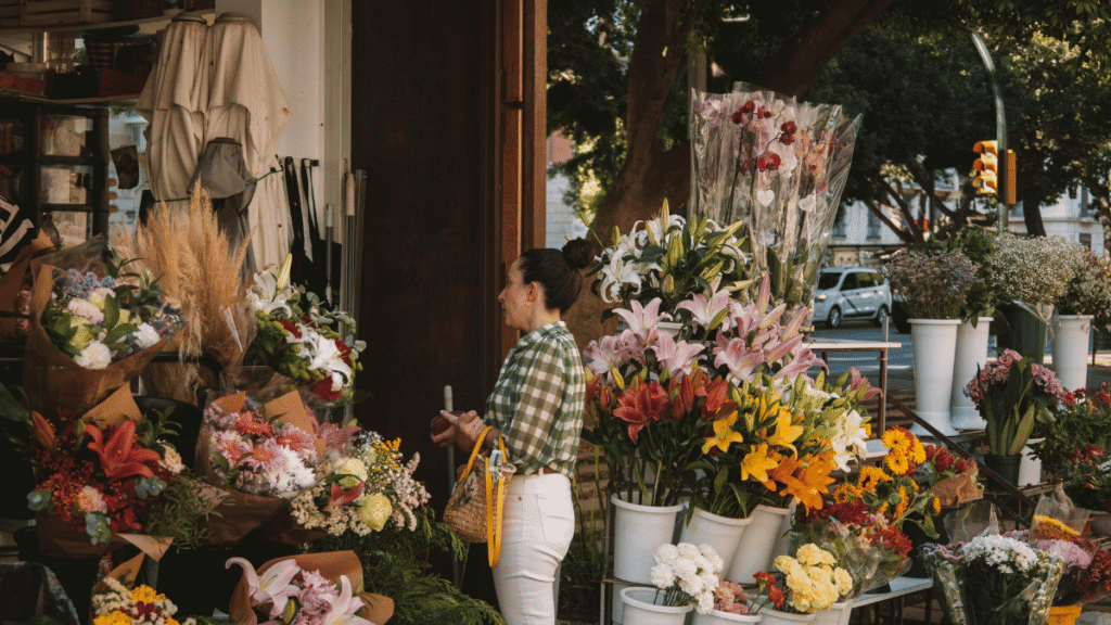 woman in white pants buying flowers in a San Francisco flower shop
